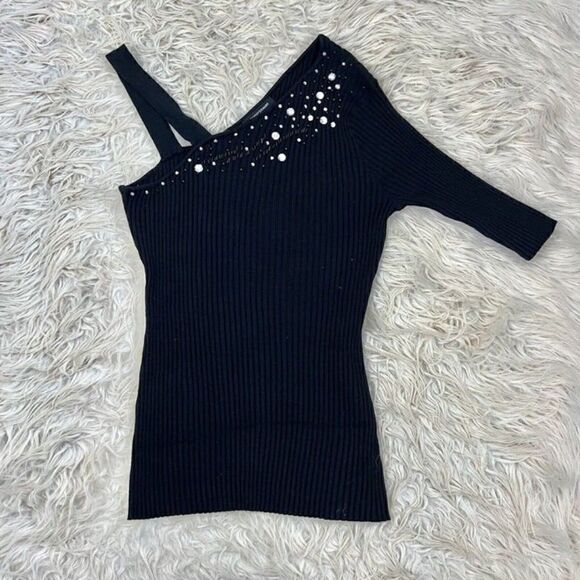 Ashley Stewart Womens Asymmetrical Black Rib Knit Sweater Beaded Plus Size 18/20 - Picture 1 of 7